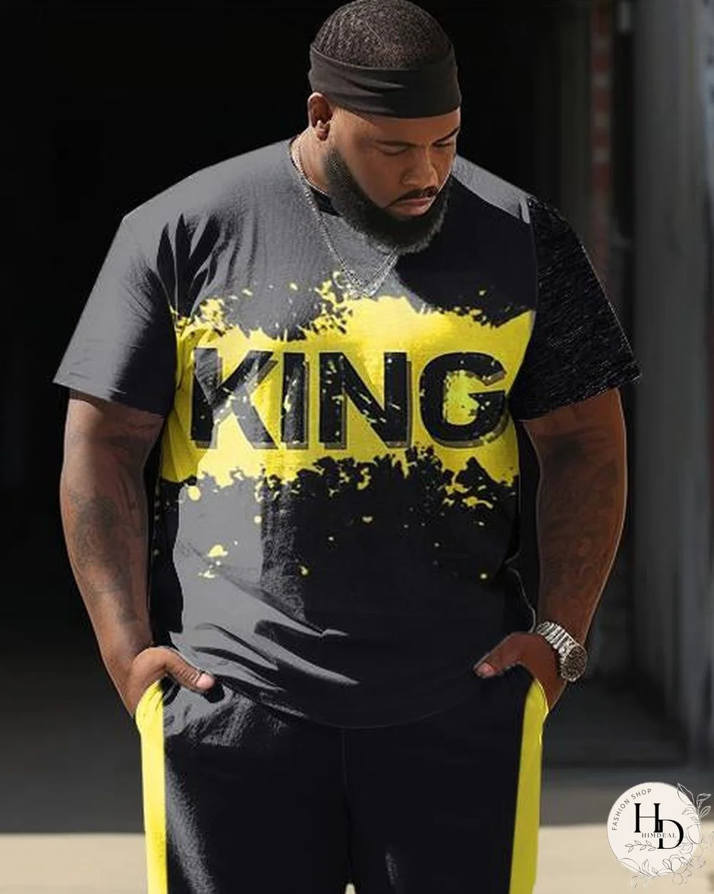 Men's Plus Size King Graffiti Splash-Ink Casual Street Short-Sleeved Trousers Casual Two-Piece Set