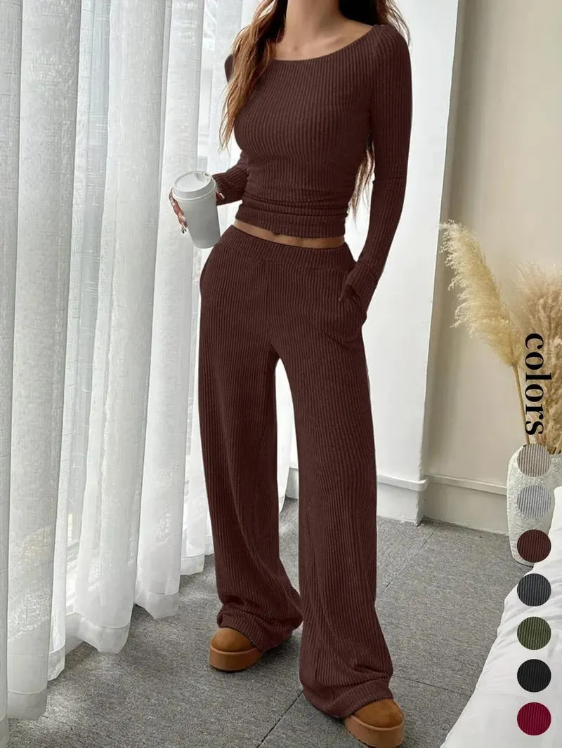 Women's Casual Striped Long Sleeve Top & Loose Pocket Pants Set, European Style Womenswear, Comfortable for Daily Wear Women's Casual Striped Long Sleeve Top & Loose Pocket Pants Set, European Style Womenswear, Comfortable for Daily Wear