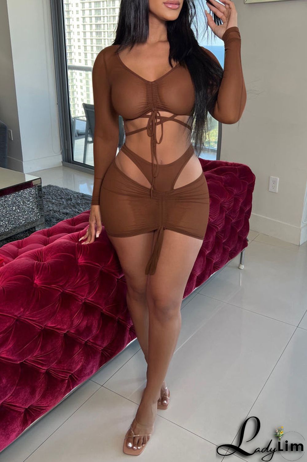 Pink Fashion Sexy Solid Bandage V Neck Long Sleeve Two Pieces