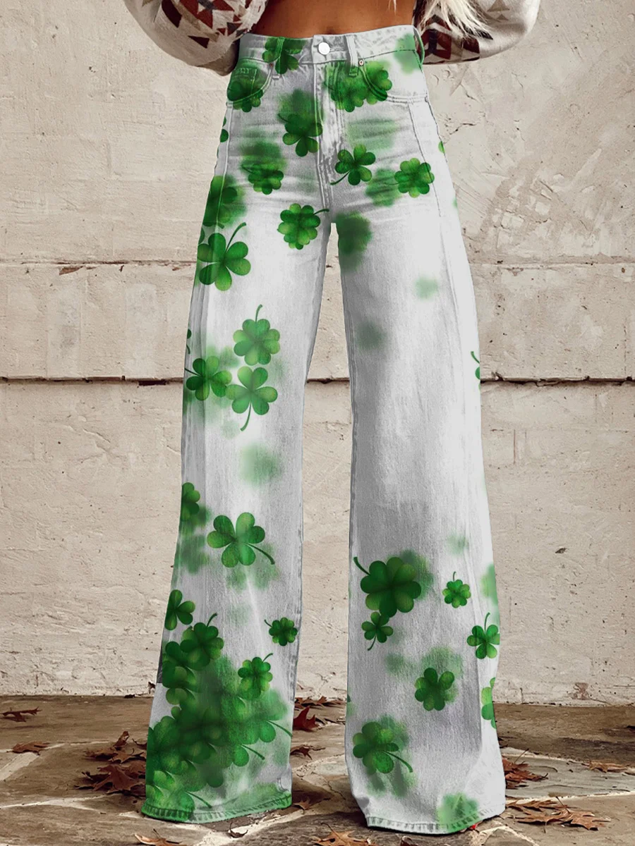 Women's St Patrick's Day Shamrock Print High Waist Wide Leg Pants