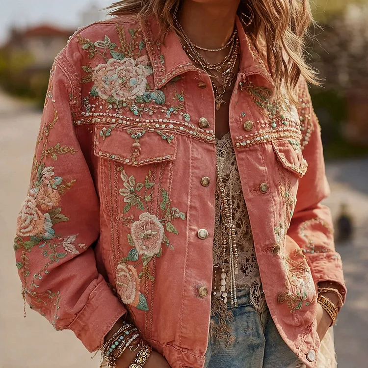 Women's Pink Rose Embroidered Washed Denim Jacket