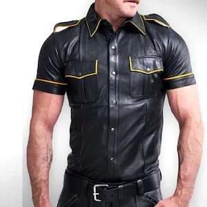 pornhint Pornhint Fetish Yellow Piping Real Soft Sheep Leather Sexy Motorcycle Handmade Shirt For Men Half Sleeves Party Club Wear Shirt For Gay LGBTQ  Shirt
