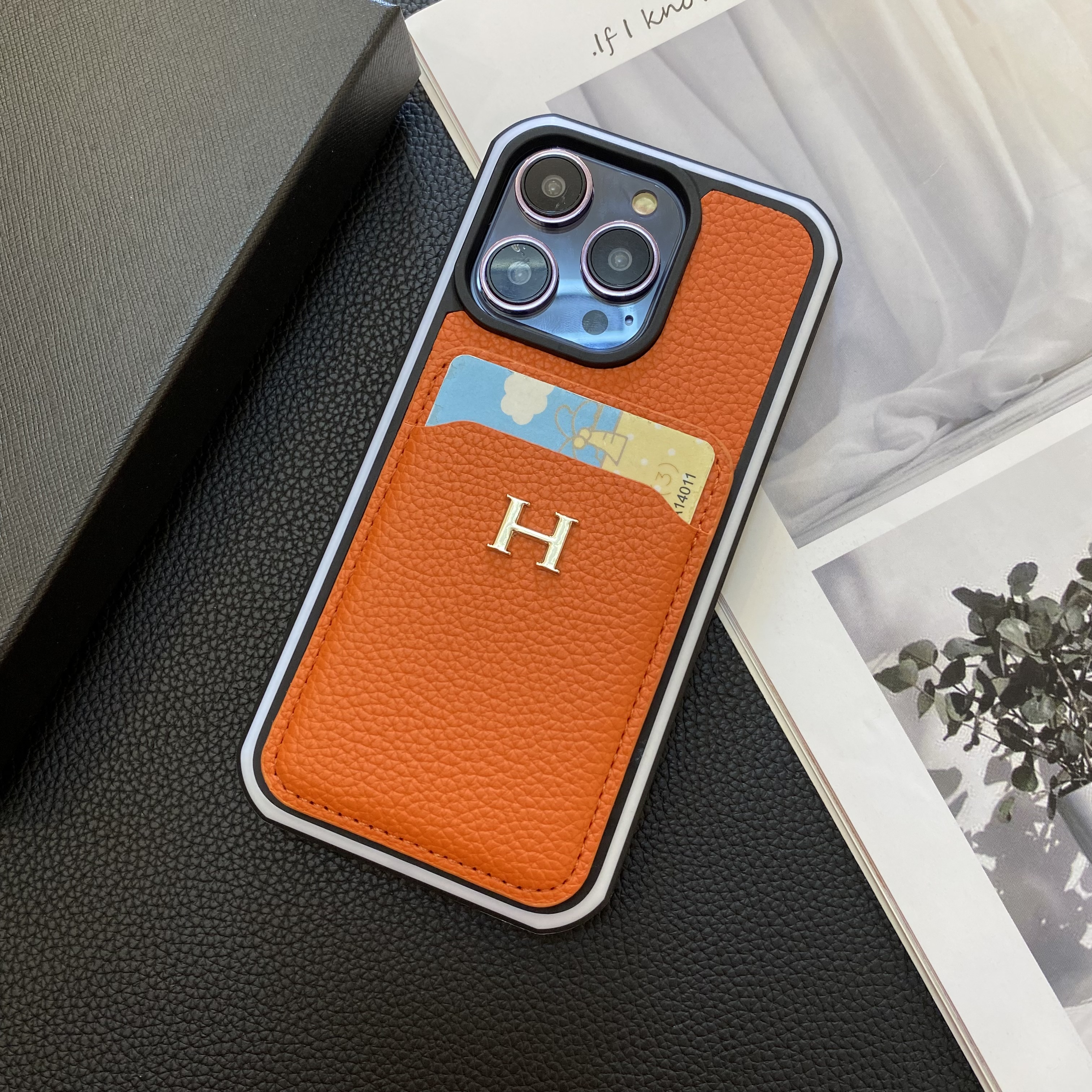 Hermes Genuine Leather Lychee Pattern Back Card Slot Apple iPhone Case