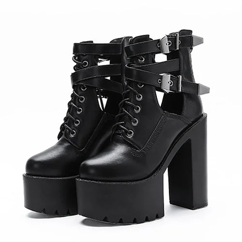 Gdgydh Sexy Buckle Womens Nightclub Shoes High Heels Hollow Out Ankle Boots Platform Heels Gothic Black Leather Short Boots Lady
