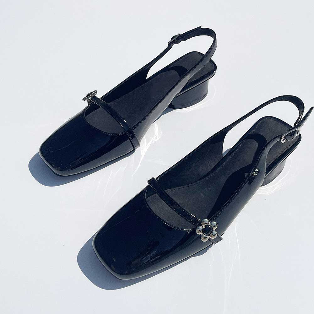 Black Satin Square Toe Chunky Heel Buckle Slingback Pumps Nicepairs