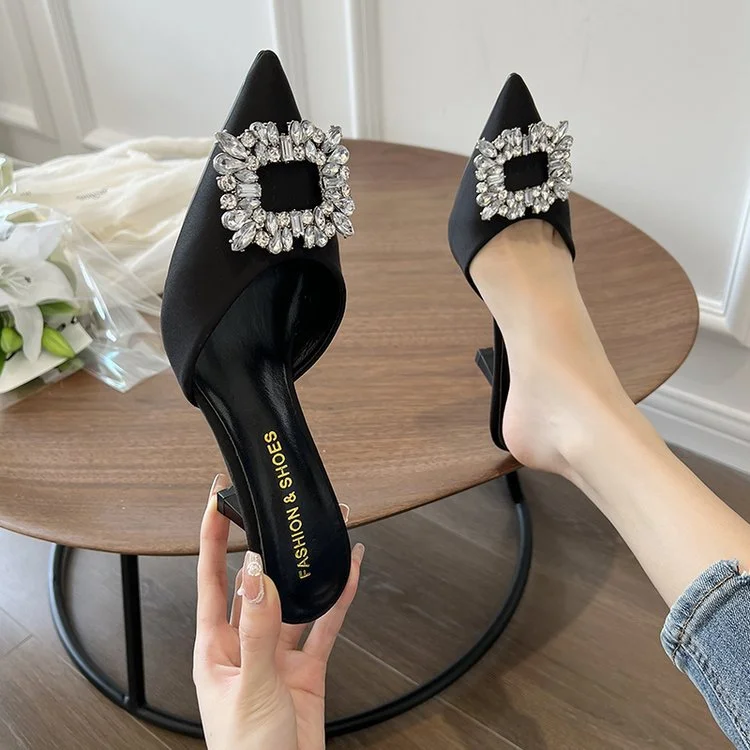 Tanguoant Tanguoant Summer New Korean Version Of Water Diamond Square Buckle Tip Head Half-Drag Sandals Women's Shoes