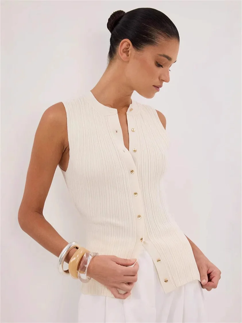 Uveng Uveng Summer Sleeveless Single-Button Clasp Knit Small Cardigan New Tight Vest Explosion