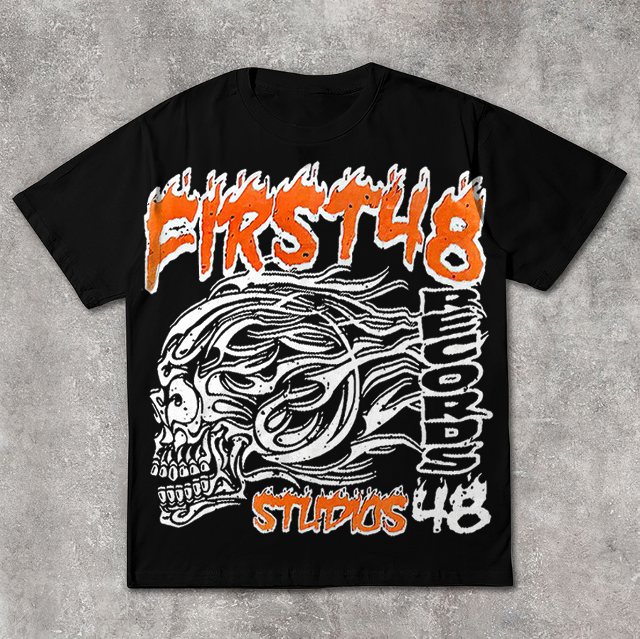 Vintage First 48 Skull Printed Graphic Cotton Short Sleeve T-Shirt - SOPULA