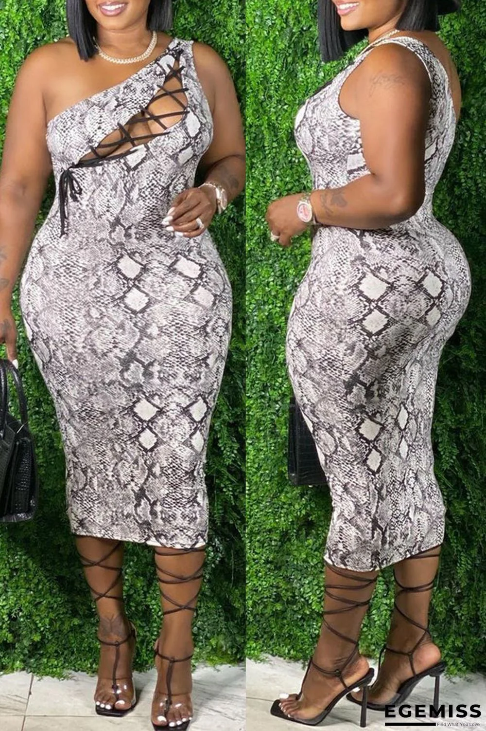 Snake Print Fashion Sexy Plus Size Print Bandage Hollowed Out One Shoulder Sleeveless Dress | EGEMISS