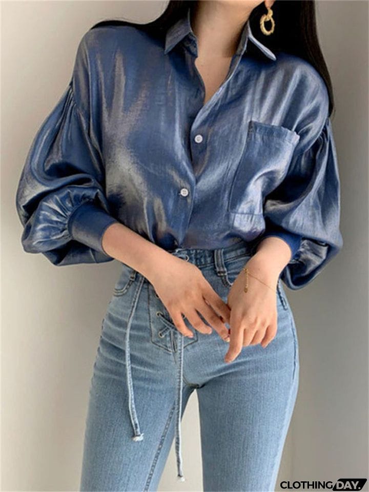 Charming Ladies Lantern Sleeve Lapel Collar Button Glimmer Blouse