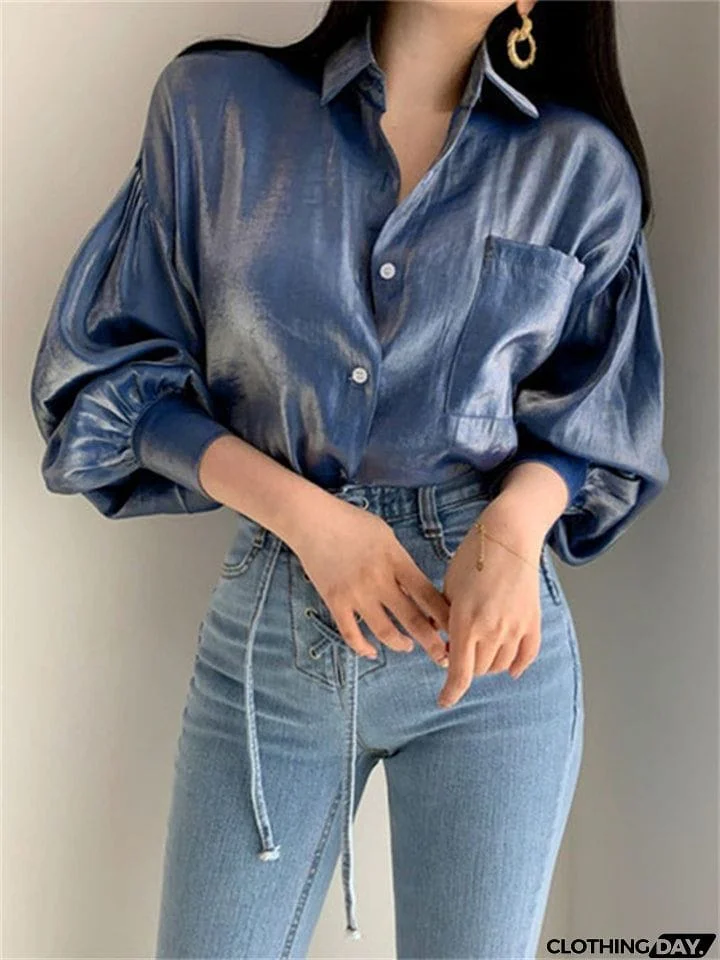 Charming Ladies Lantern Sleeve Lapel Collar Button Glimmer Blouse