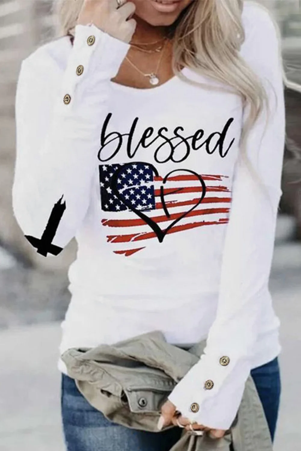 White Blessed American Flag Buttoned Long Sleeve T Shirt | IFYHOME