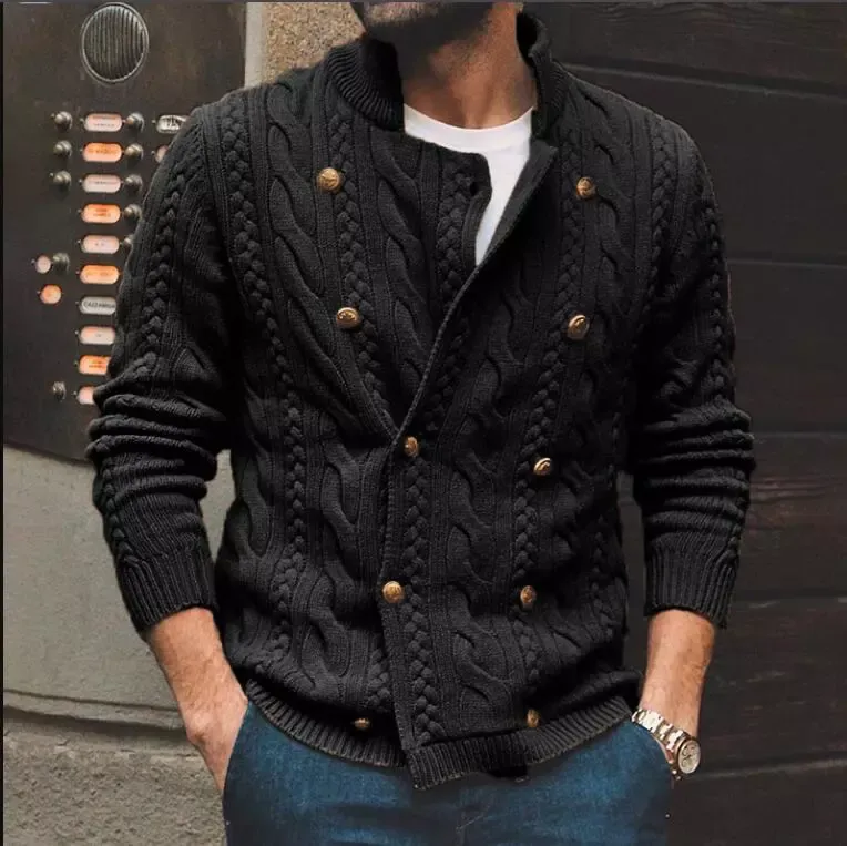 Men's Fashion Stand Collar Double Breast Knitted Sweater Cardigan
