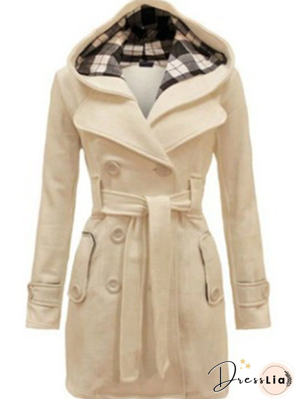 Checked Hooded Woolen Coat With Long Belt