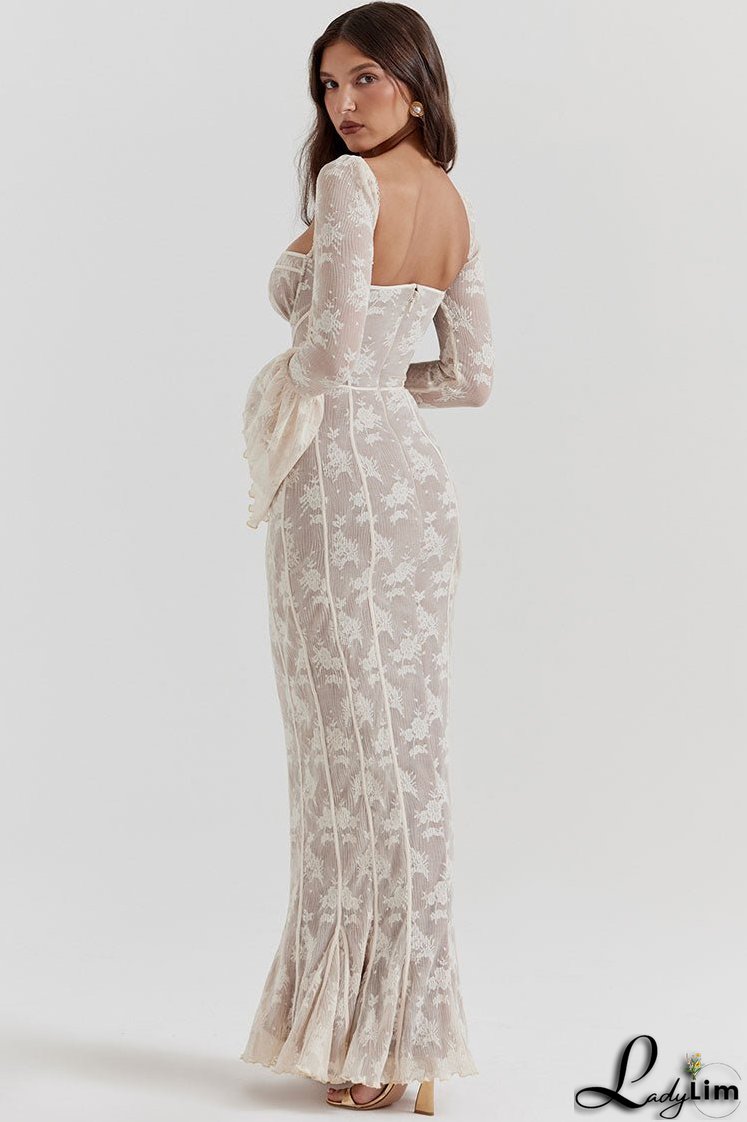 Vintage Bow Tie Pleated Floral Lace Fishtail Evening Maxi Dress - Cream