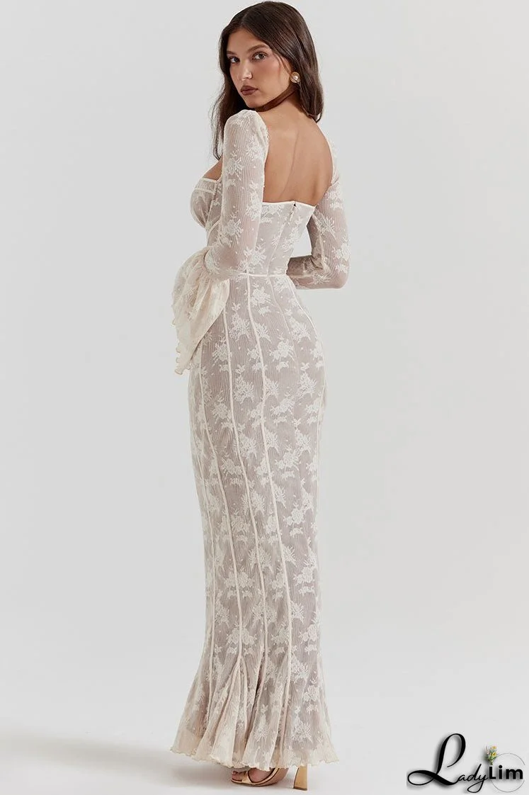 Vintage Bow Tie Pleated Floral Lace Fishtail Evening Maxi Dress - Cream