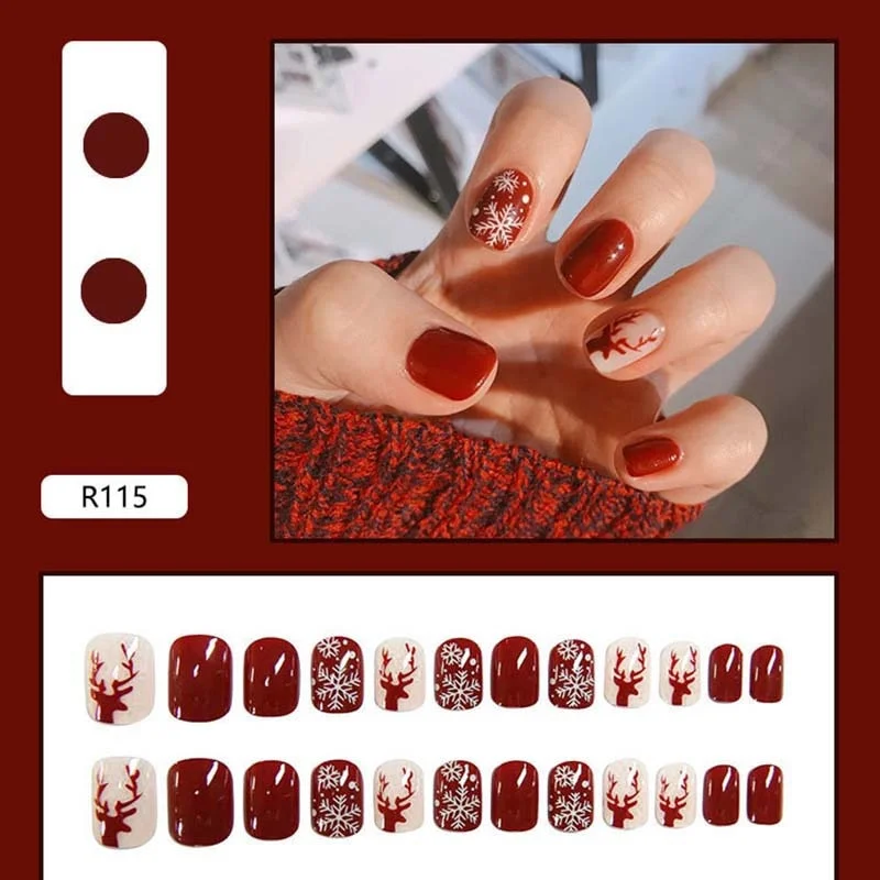 24pcs Christmas Red Wine False Nails snowflake Cute Fake Nail Press On Nail Tips With Glue Manicure Nail Art Tools