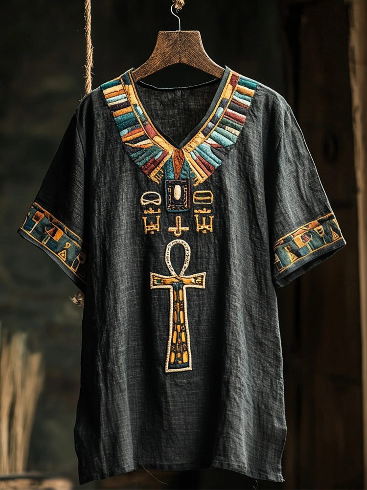 Ancient Egyptian Ankh Embroidered V Neck Linen Shirt