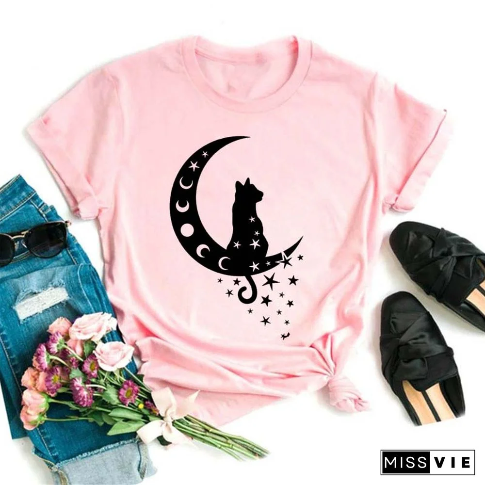 Maycaur Women Harajuku T Shirt New Moon Star Printed T Shirt O-Neck Summer Short Sleeve Tees Women Clothes Graphic T Shirts