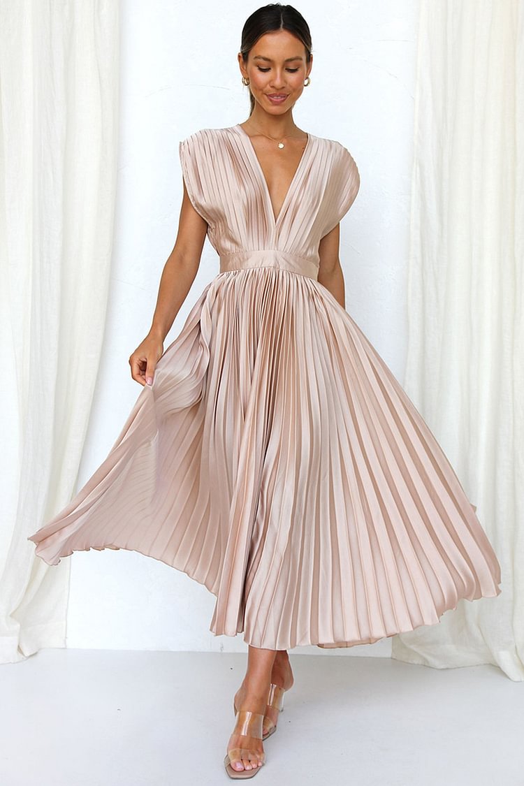 Deep V Nevk Sleeveless Tied Up All Over Pleated Formal Party Maxi Dress