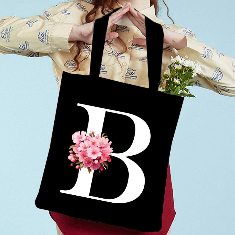 Wallenrisen Sakura Series Canvas Bag Women Aestheticism Floral Alphabet Shoulder Bag Student Lightweight College Tote Bag 26 Letter Handbag Women's shoulder bags