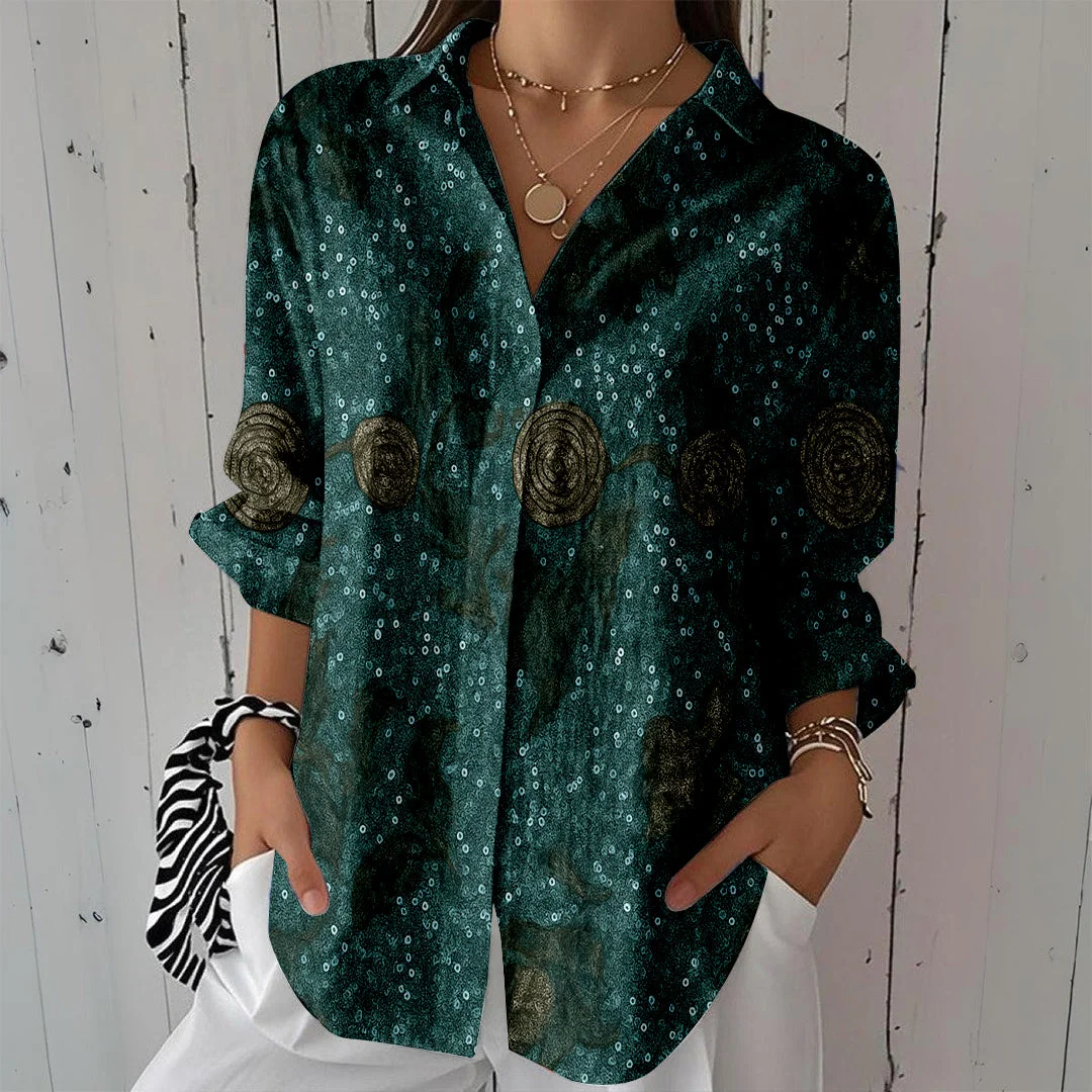 Style & Comfort for Mature Women Women Blue, Flowers, Shiny DZCL0397 3/4 Sleeve Shirt Collar Printed Button Tops