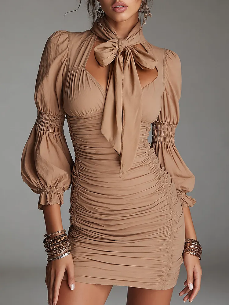 Boho Tie-neck Fitted Pleated Cotton Mini Dress With Pleated Detail