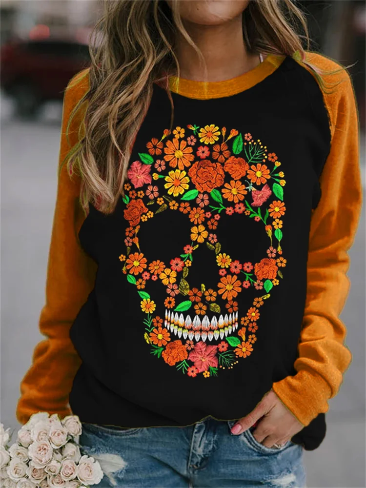 Vefave Floral Sugar Skull Contrast Color Sweatshirt