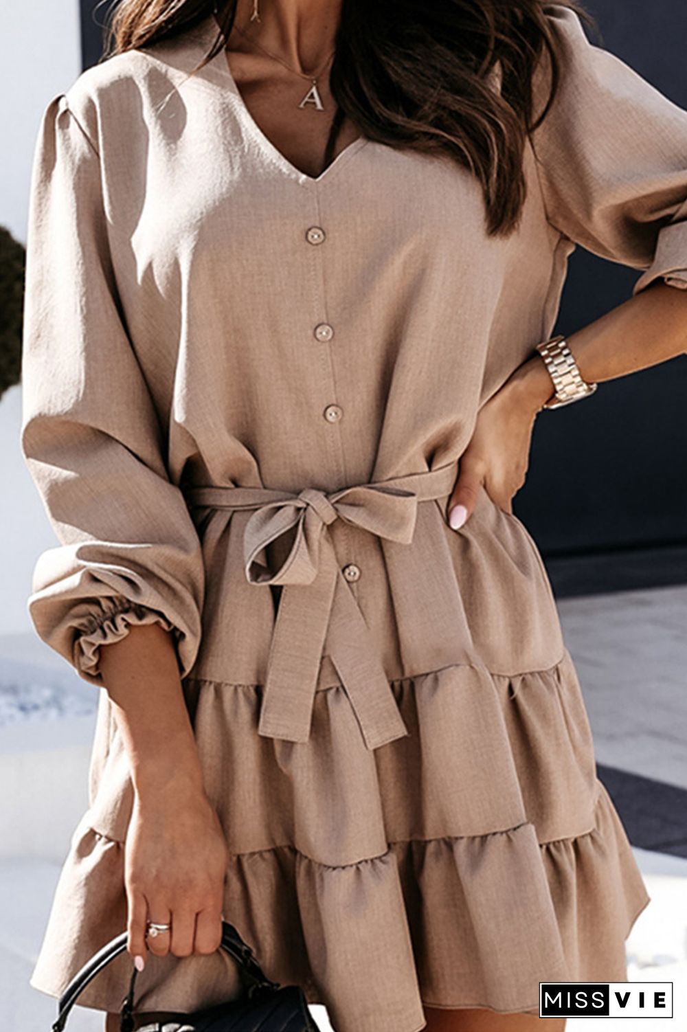 Fashion Elegant Solid Frenulum Flounce V Neck A Line Dresses