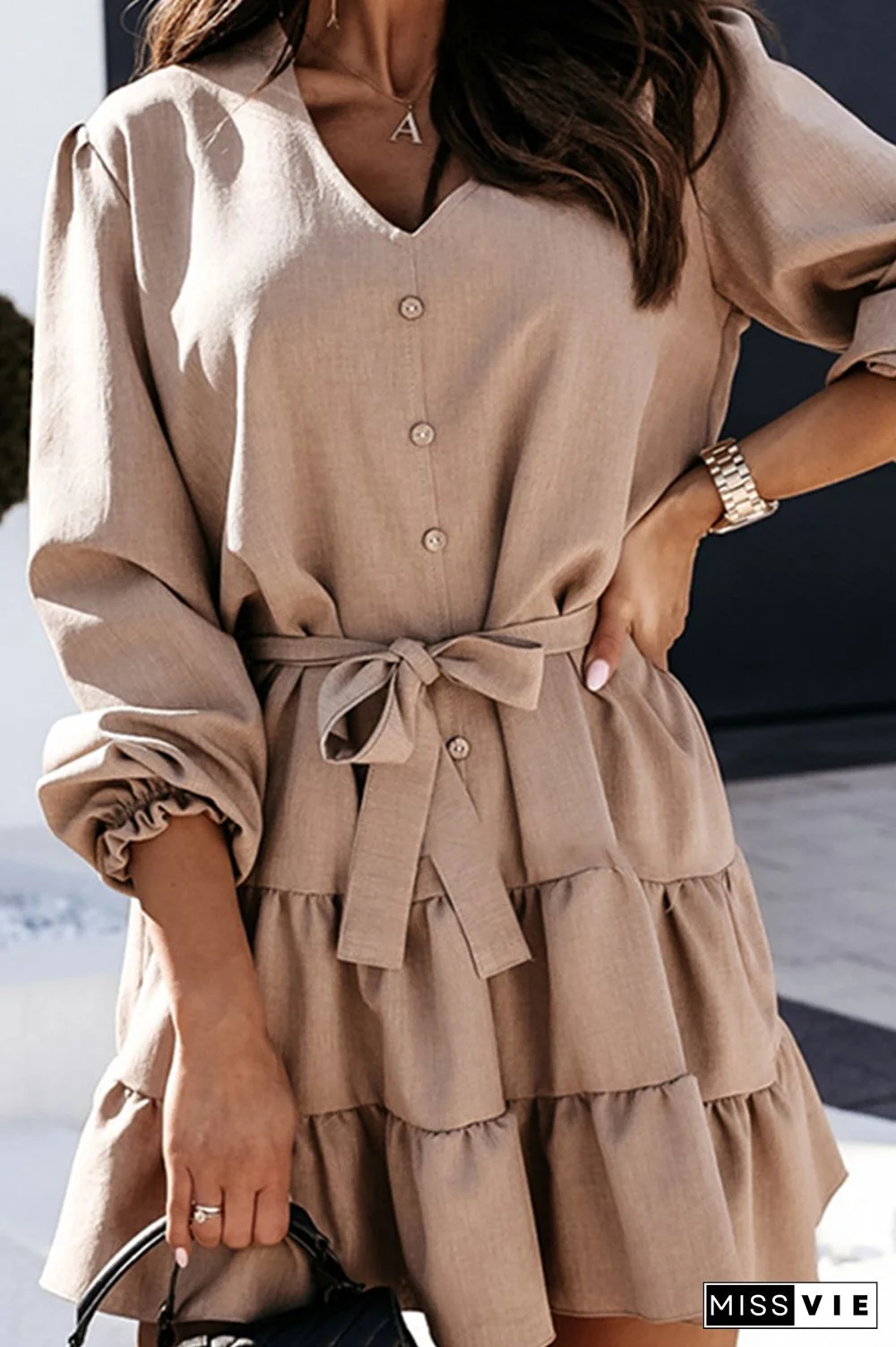 Fashion Elegant Solid Frenulum Flounce V Neck A Line Dresses