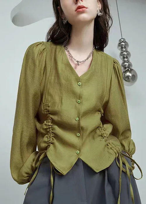 French Grass Green V Neck Lace Up Silk Cotton Shirt Long Sleeve