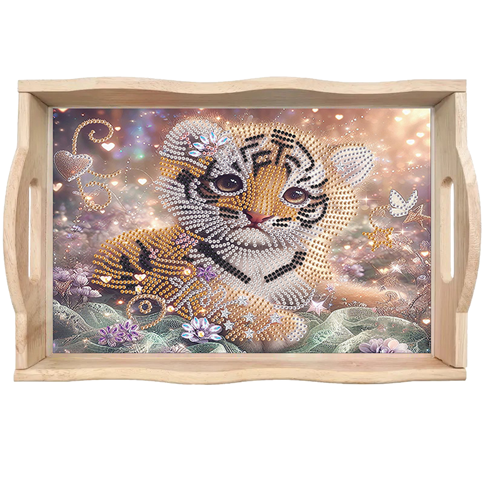 Diamond Painting Wooden Serving Tray Decorative Diamond Art Dining Plate (Tiger)