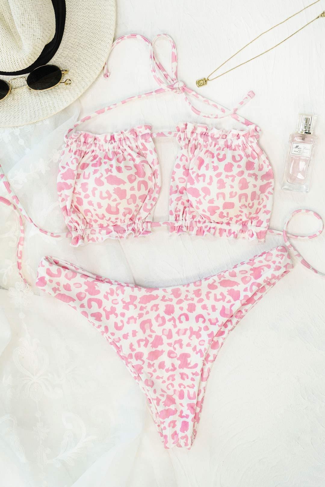 FashionV-FashionV Ribbed Leopard Cutout Bandeau Bikini Swimsuit