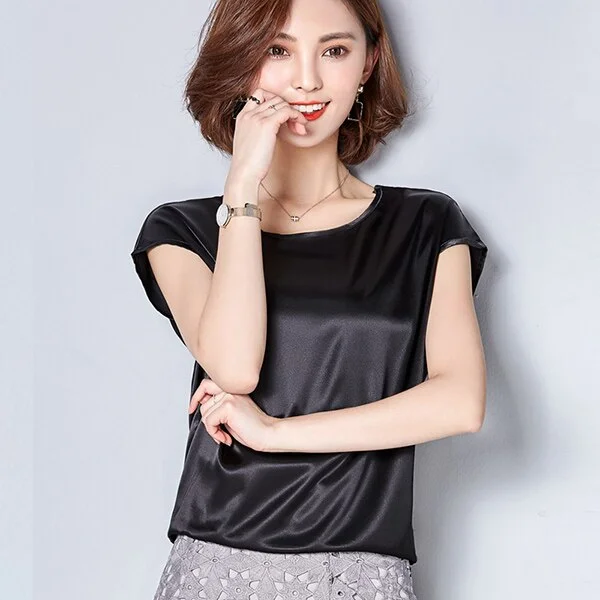 2023 New Silk Blouse Women Tops Fashion Elegant O-neck Short sleeve Solid Shirt Women Blouses Summer Casual Blusas Femininas