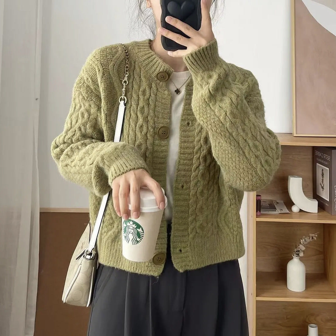 sweater Retro Twist round Neck Sweater Coat for Women Autumn and Winter New Loose Lazy Style Versatile Thickened Knitted Cardigan Top