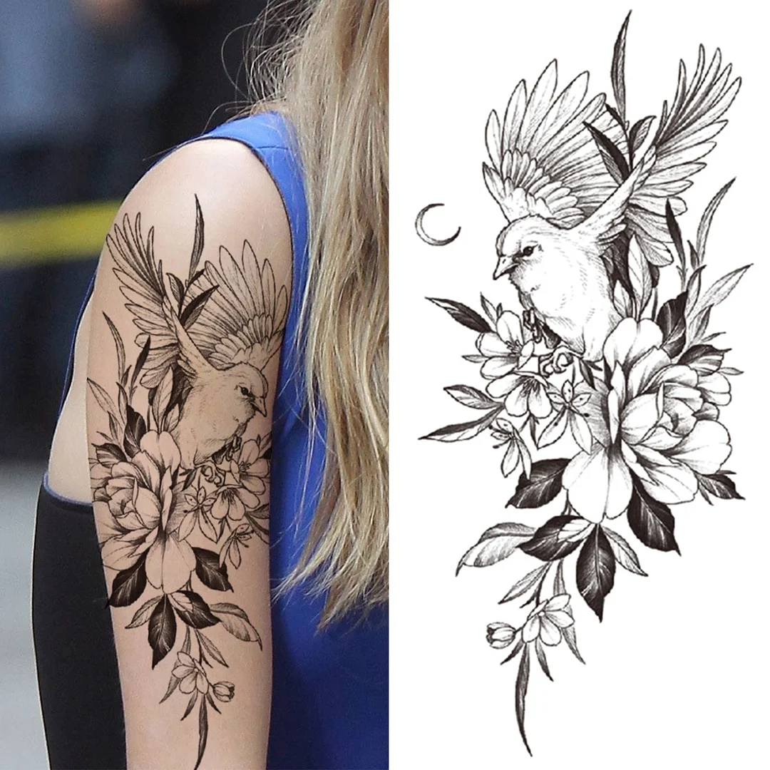 Bird Flower Temporary Tattoos For Adults Women Girls Dahlia Orchid Rose Peony Tattoo Sticker 3D Bouquet Fake Tatoos Paper