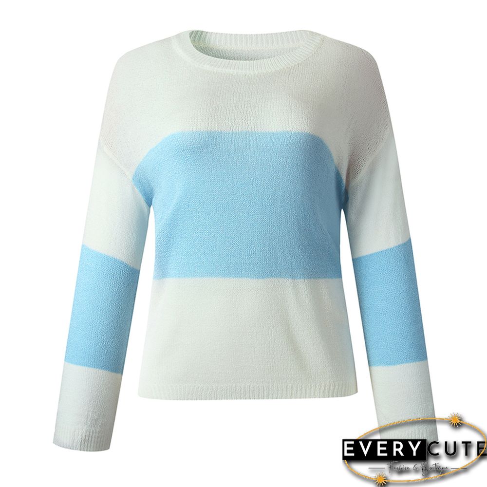 Light Blue Colorblock Lightweight Loose Sweater