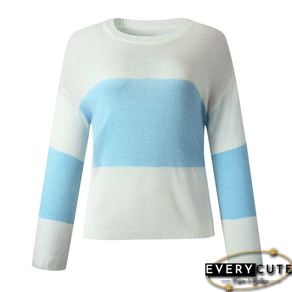 Light Blue Colorblock Lightweight Loose Sweater