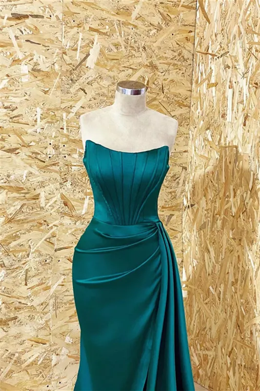 Miabel Modern Dark Green Strapless Mermaid Prom Dress Long With Pleats  Ruffles