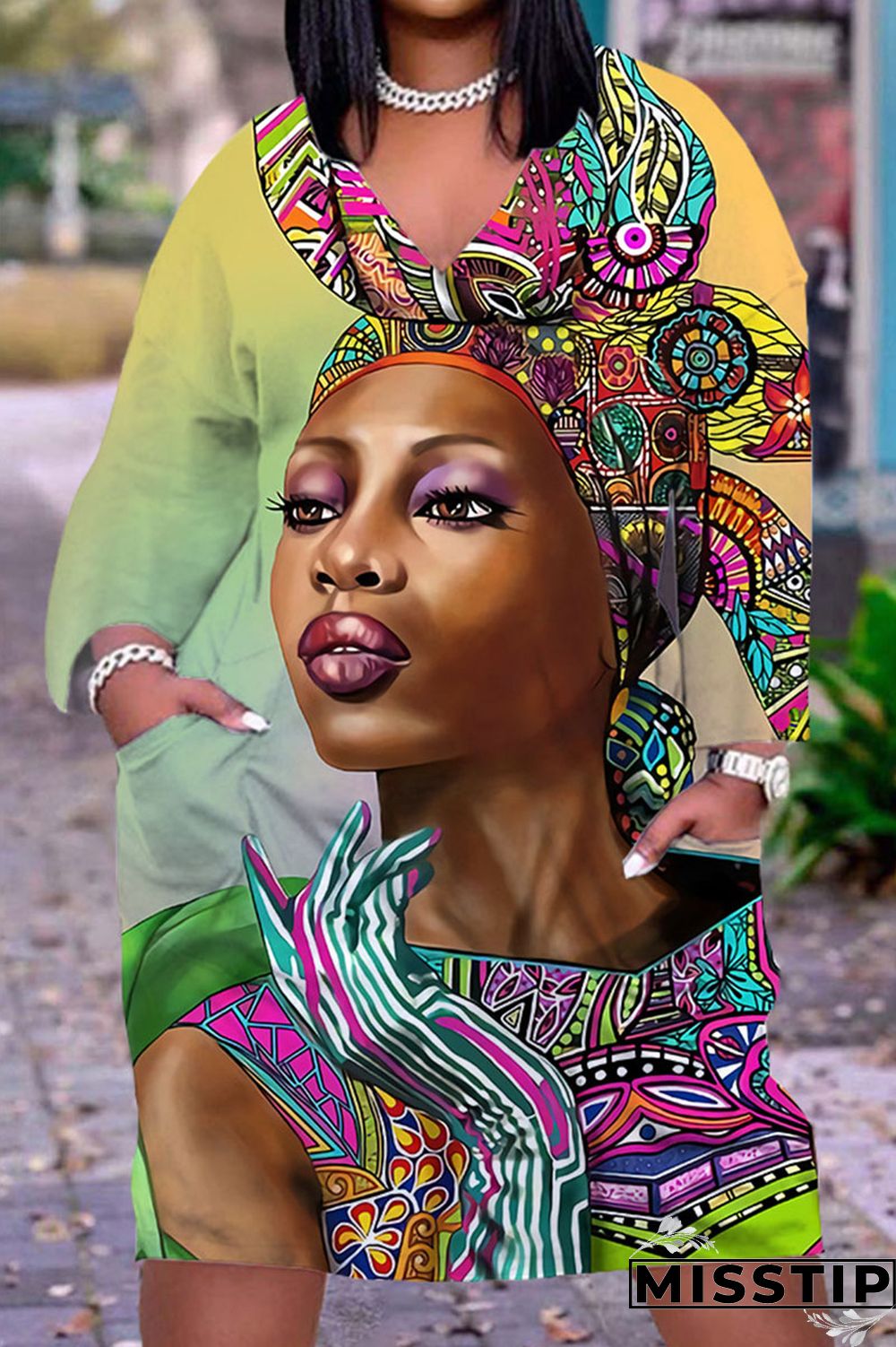 Gray Cyan Casual Print Patchwork V Neck Straight Dresses