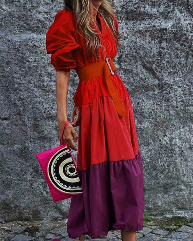 V-neck long-sleeve color-block dress