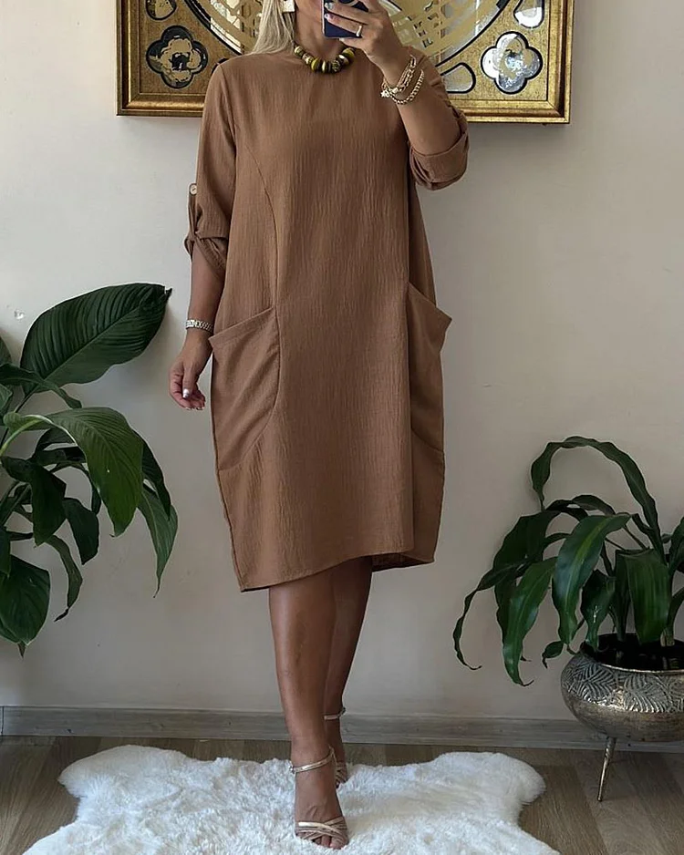 Solid Color Crew Neck Pocket Dress