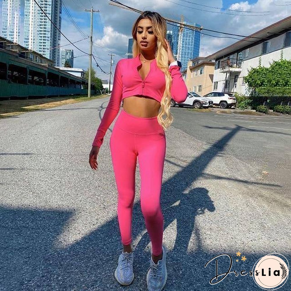 Winter Women 2 Two Piece Set Long Sleeve Crop Tops Tshirt Leggings Pants Set Bodycon Sport Fitness Tracksuit