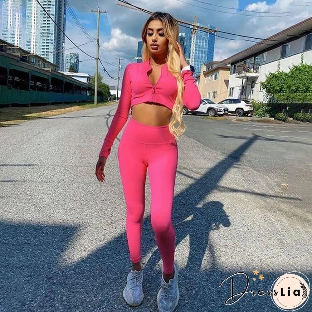 Winter Women 2 Two Piece Set Long Sleeve Crop Tops Tshirt Leggings Pants Set Bodycon Sport Fitness Tracksuit