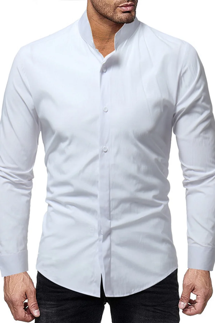 BrosWear Men's Solid Color Standing Collar Slim Long Sleeve  Shirt