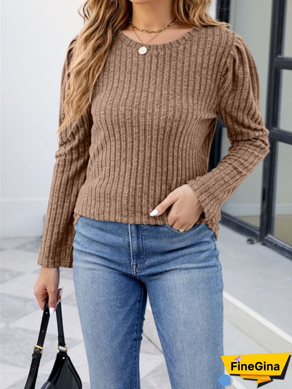 Women's Striped Solid Color Scoop Neck Ruffled Long Sleeve Sweater Top