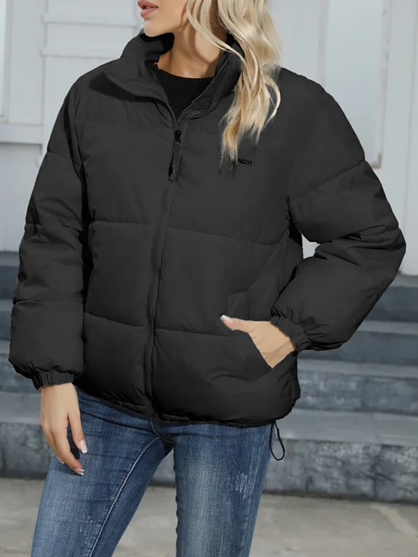 Long Sleeves Loose Keep Warm Quilted Solid Color Zipper High Neck Padded Coat
