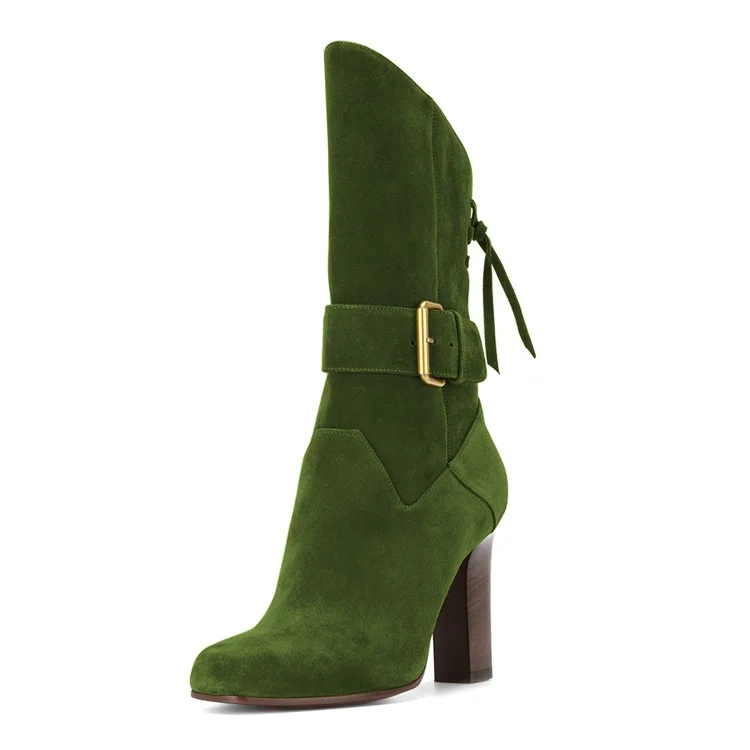 Green Vegan Suede Square Toe Boots Back Lace up Chunky Heel Mid Calf Boots |FSJ Shoes