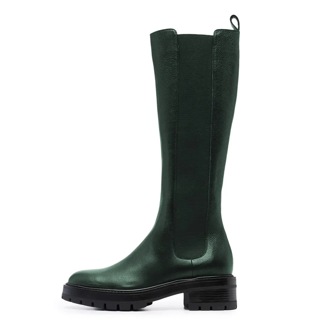 Dark Green Round Toe Pull On Elastic Side Knee High Chelsea Boots
