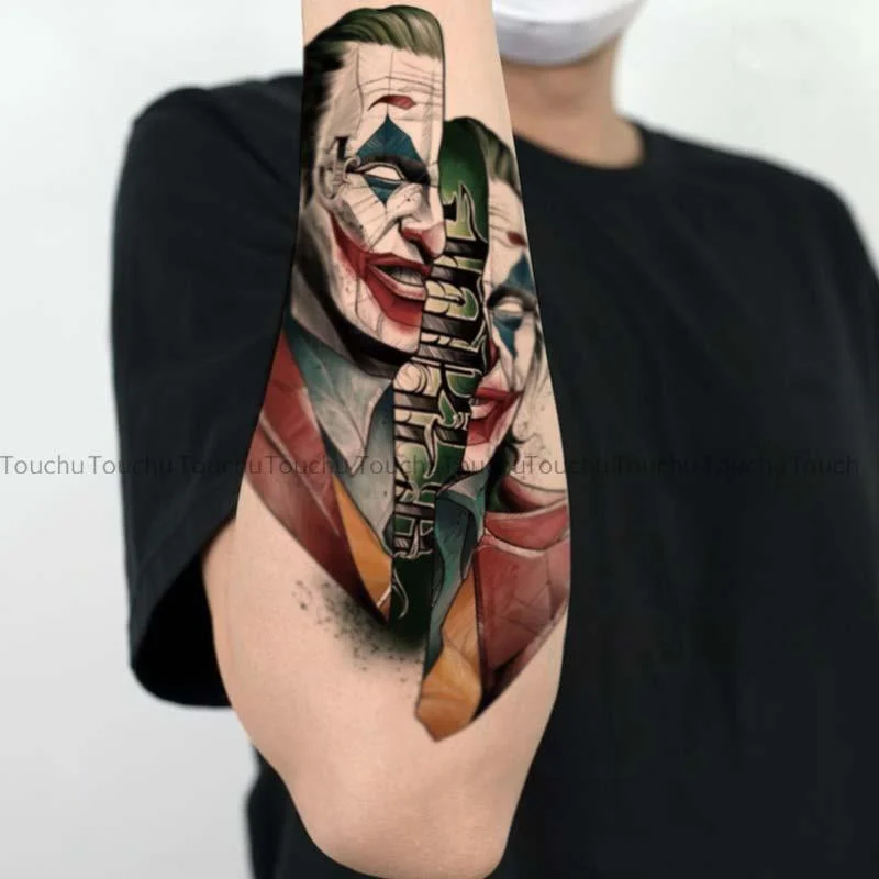 Dark Clown Flower Arm Temporary Tattoo Waterproof Simulation Long Lasting Fake Tattoo for Men Women Leg Arm Scar Tattoo Stickers